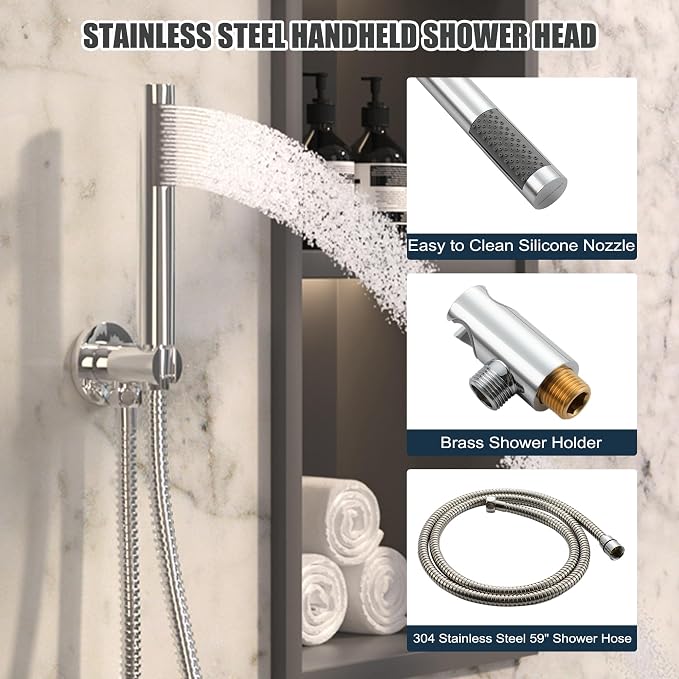 MONDAWE Round Shower Faucets Sets Complete with Tub Spout, Wall Mounted Shower System 10 Inch Rainfall Shower Head with Handheld Combo, Chrome High Pressure Shower Faucet Set - Image 8