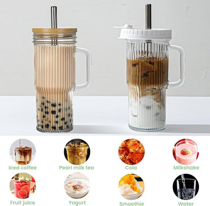 24oz Ribbed Glass Tumbler With Handle,4Pack Glass Cup with Lids and Straws,Reusable Glass Iced Coffee Cups With lids,Mason Jar Cup&Drinking Glasses for Smoothie,Shake,Juice,Soda Water,Tea,Travel Cup - Image 6