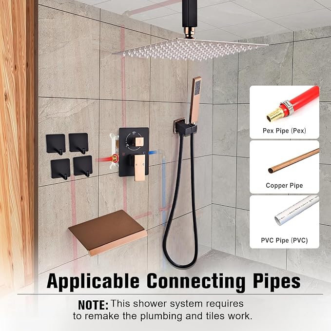 12 Inch Ceiling Mount Shower System Matte Black Gold Rain Mixer Shower Combo Set High Pressure Rainfall Shower Head System Bathroom Luxury Shower Faucet Set Rough-in Valve and Trim Included - Image 3