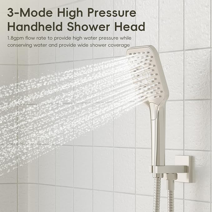 Gabrylly Shower System with Tub Spout, Wall Mounted Tub Shower Faucet Set for Bathroom with High Pressure 10" Rain Shower head and 3-Setting Handheld Shower Head Set,Brushed Nickel - Image 4