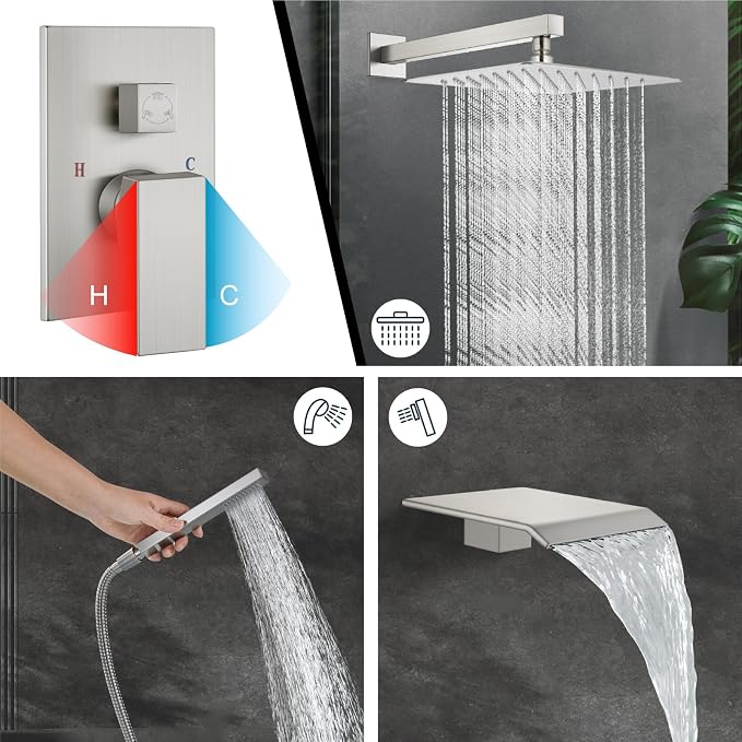 Midanya Rain Shower System with Tub Spout,Tub Shower Faucet Set with rainfall Shower Head and Handheld Spray,Wall Mount Tub Shower Combo Rough-in Valve Included,10 Inch Brushed Nickel - Image 4