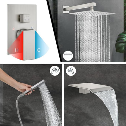 Midanya Rain Shower System with Tub Spout,Tub Shower Faucet Set with rainfall Shower Head and Handheld Spray,Wall Mount Tub Shower Combo Rough-in Valve Included,10 Inch Brushed Nickel - Image 4
