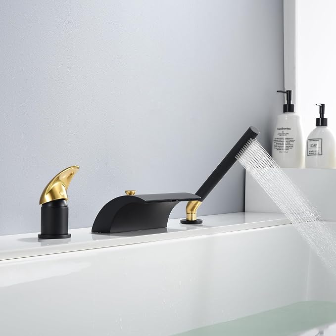 SUMERAIN Waterfall Roman Tub Faucet Deck Mount Bathtub Faucet Brass Tub Filler with Hand Shower, Black and Gold Finish - Image 6