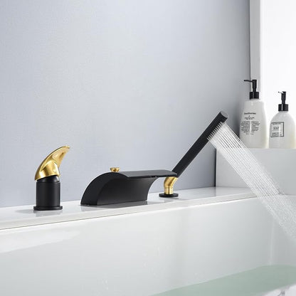 SUMERAIN Waterfall Roman Tub Faucet Deck Mount Bathtub Faucet Brass Tub Filler with Hand Shower, Black and Gold Finish - Image 6