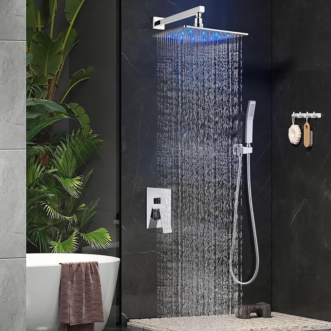 Aolemi Shower Faucet Set with Handheld Spray High Pressure Shower System Shower Faucets Sets Complete Rough-in Valve and Shower Trim Kit Wall Mount Rainfall 12 Inch LED Shower Head Polish Chrome - Image 4