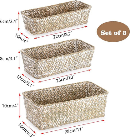 3 Natural Wicker Baskets Set Rectangular Handwoven Seagrass Basket Storage Bins - Image 3