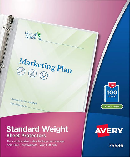 Avery Semi-Clear Standard Weight Sheet Protectors, Top Load, 100 Document by Avery