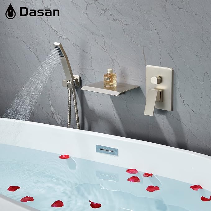 Upgraded Wall Mount Tub Filler Faucet with Handheld Shower, DASAN Modern Wall Mounted Bathtub Faucet Brushed Nickel High Flow Waterfall Tub Faucet with Rough in Valve, SA-TF04WH-BN - Image 6