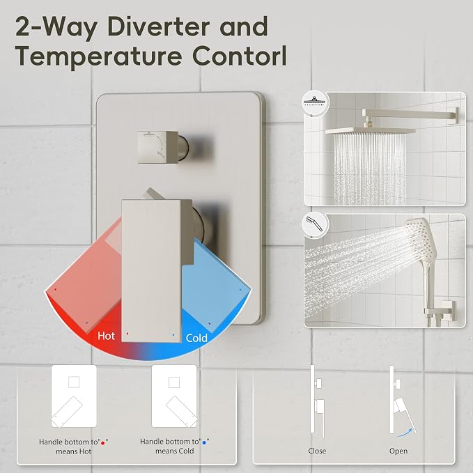 Gabrylly Shower System, Wall Mounted Shower Faucets Sets Complete for Bathroom with High Pressure 10" Rain Shower head and 3-Setting Handheld Shower Head Set, 2 Way Shower Valve Kit, Brushed Nickel - Image 6