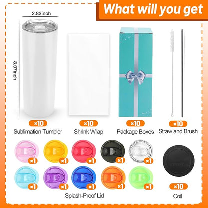 Joyclub 20oz Sublimation Tumblers Sublimation Cups with Straw for Heat Press Flat Edge Skinny Straight SublimationTumbler Colorfull Lids 10 pack - Image 3
