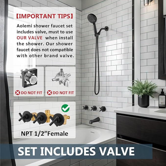 Aolemi 3 Handles Tub Shower Faucet Set with Valve Bathtub Combo Set Shower System Complete Trim Kit Wall Mounted Matte Black - Image 2