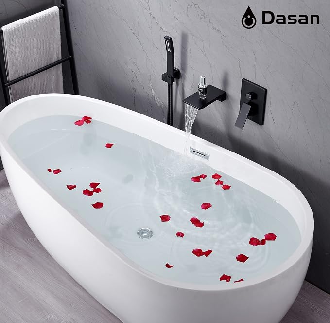 DASAN Waterfall Tub Filler Faucet Wall Mount with Hand Shower, Modern Wall Mounted Bathtub Faucet Matte Black Tub Faucet with High Flow Rough in Valve, SA-TF01WH-MB - Image 2