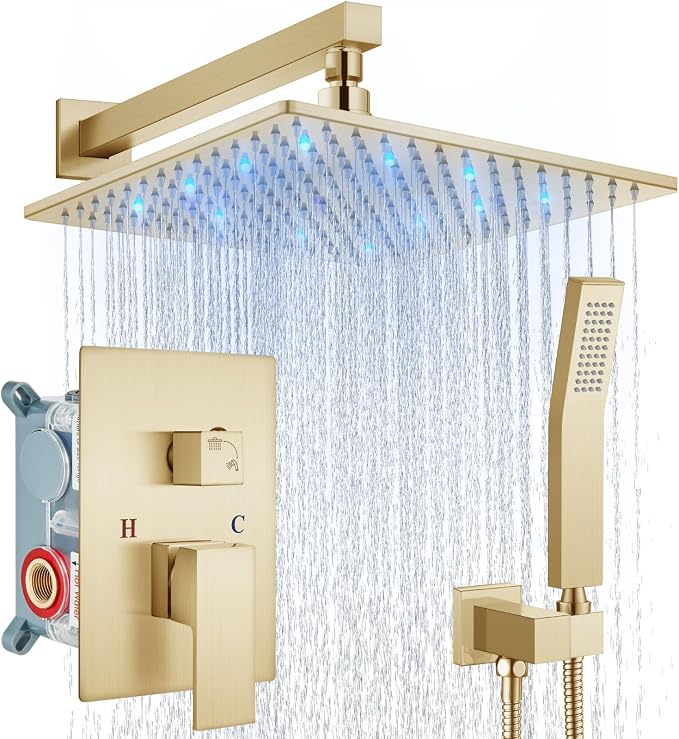 Aolemi Shower Faucet Set with Handheld Spray High Pressure Shower System Shower Faucets Sets Complete Rough-in Valve and Shower Trim Kit Wall Mount Rainfall 12 Inch LED Shower Head Brushed Gold by Aolemi