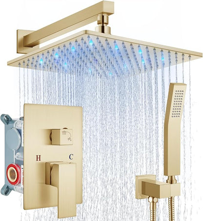 Aolemi Shower Faucet Set with Handheld Spray High Pressure Shower System Shower Faucets Sets Complete Rough-in Valve and Shower Trim Kit Wall Mount Rainfall 12 Inch LED Shower Head Brushed Gold by Aolemi