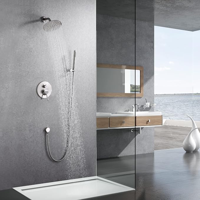SUMERAIN Wall Mounted Rainfall Shower System Brushed Nickel Shower Faucet Set with Handheld Sprayer and Valve - Image 3