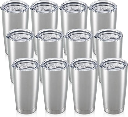 20 oz Tumbler with Lid Stainless Steel Insulated Tumblers Bulk Double Wall Vacuum Cups Powder Coated Travel Mug Keep Drinks Cold and Hot, Stainless Steel, 12 Pack by Orebigo