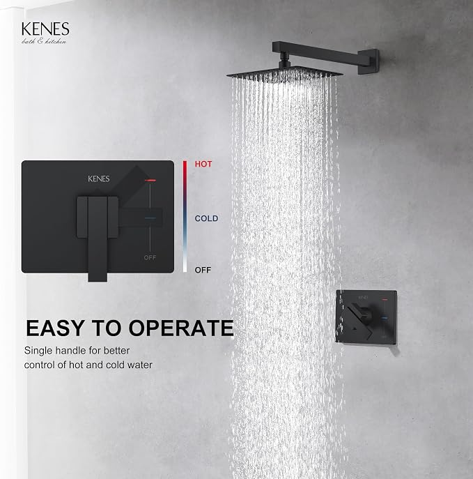 KENES Matte Black Shower Faucet with 10-Inch Shower Head and Handle Set, Square Shower Faucet Set Bathroom Rainfall Shower System Wall Mount, KE-6024B-2 (Shower Valve Included) - Image 4