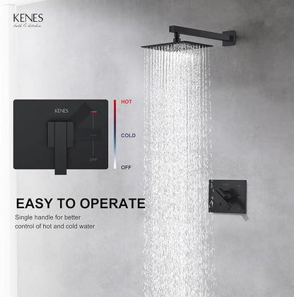 KENES Matte Black Shower Faucet with 10-Inch Shower Head and Handle Set, Square Shower Faucet Set Bathroom Rainfall Shower System Wall Mount, KE-6024B-2 (Shower Valve Included) - Image 4