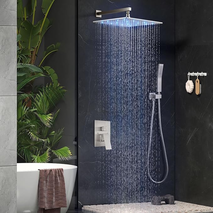 Aolemi Shower Faucet Set with Handheld Spray High Pressure Shower System Shower Faucets Sets Complete Rough-in Valve and Shower Trim Kit Wall Mount Rainfall 16 Inch LED Shower Head Brushed Nickel - Image 4