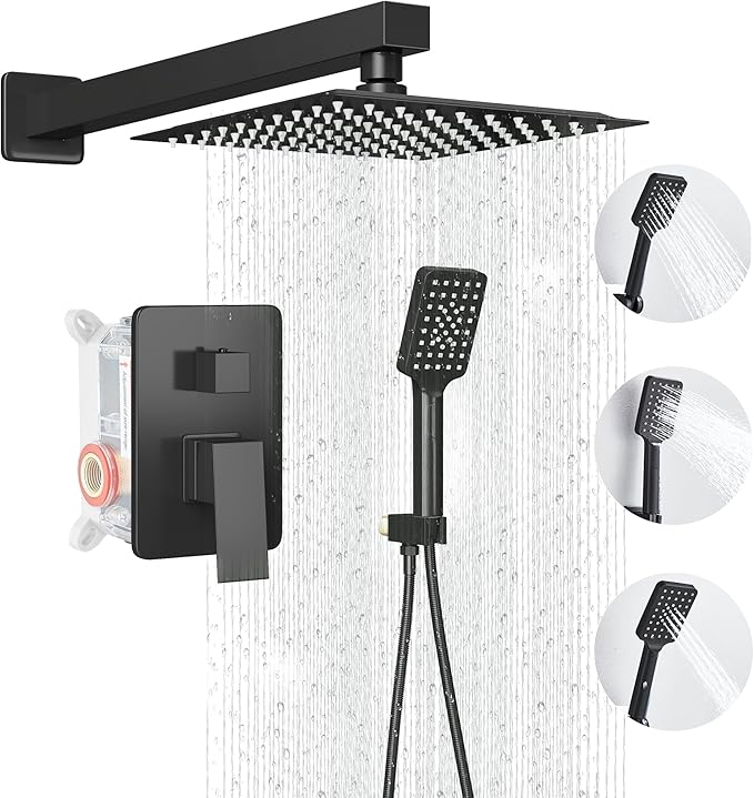 Shower Head Matte Black, Shower Faucet Set Bathroom Shower System with 8 inch Square Rain Shower Head Wall Mounted with 3-Setting Handheld Spray, Rainfall Shower Combo Set by LCEVCGK