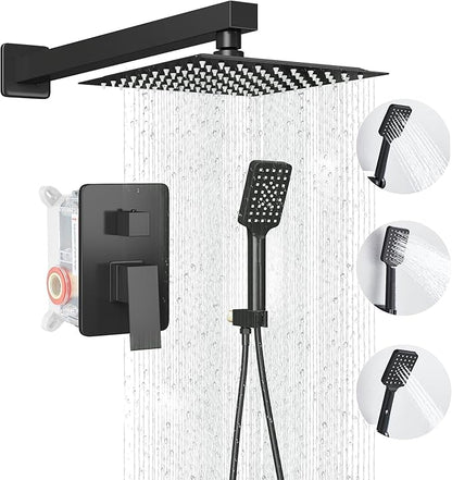 Shower Head Matte Black, Shower Faucet Set Bathroom Shower System with 8 inch Square Rain Shower Head Wall Mounted with 3-Setting Handheld Spray, Rainfall Shower Combo Set by LCEVCGK