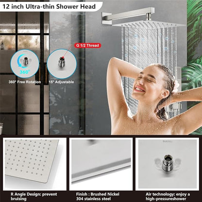 Midanya Shower Faucet Set,Wall Mount Shower System with Square Rain Shower Head and Hand Sprayer, Rough-in Valve Body and Trim Kit Included,12 Inch,Brushed Nickel - Image 3