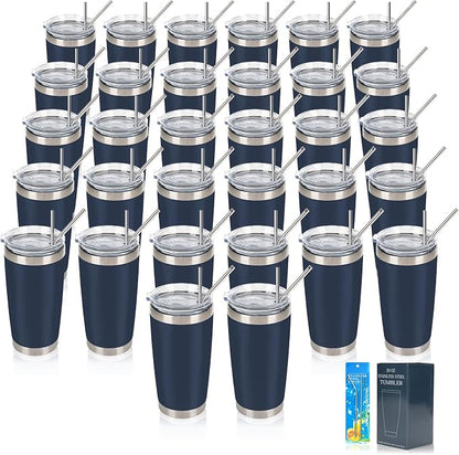 IEOVIEE 32 Pack, 20oz Stainless Steel Bulk Tumblers with Lids and Straws, Double Wall Insulated Travel Coffee Mug, Durable Powder Coated Tumbler Bulk Cup for Cold and Hot Drinks (Navy Blue) by IEVOIEE