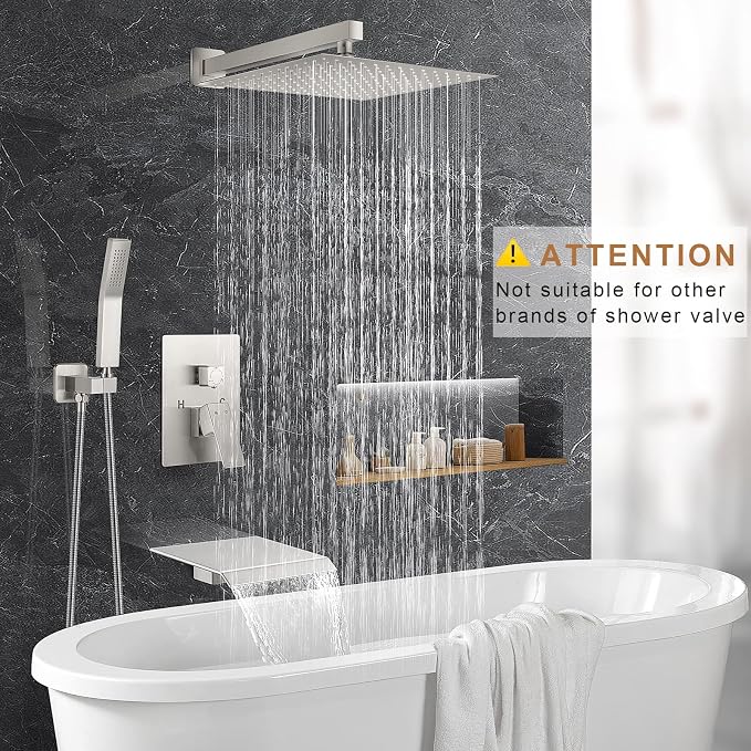 JOMEOO® 10 Inch Shower System with Tub Spout, 3 Function Brushed Nickel Bathtub Shower Faucet Set, Wall Mounted Bathroom High Pressure Shower Head with Handheld Sprayer Rough in Valve Body and Trim - Image 2