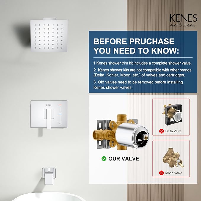 KENES Chrome Tub and Shower Trim Kit, Square Tub Shower Faucet Set Complete with 6-Inch Rainfall Shower Head and Tub Spout, KE-6025A-5 (Shower Valve Included) - Image 3