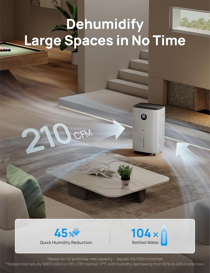 DREO 110-Pint Smart Dehumidifier for Basement, 4500 Ft² for Large Room, 2 Gallon Water Tank, Auto/Comfort/Constant Mode Dehumidifiers for Home, Bedroom, Bathroom, with Drain Hose, Black, 711S - Image 3