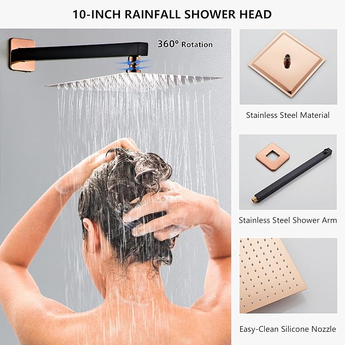 Rainfall Shower Faucet Set with Tub Spout 10 Inch, Shower Head and Handle with 2 Hooks, Rain Shower and Handheld Shower System Square Wall Mount for Bathroom - Image 8