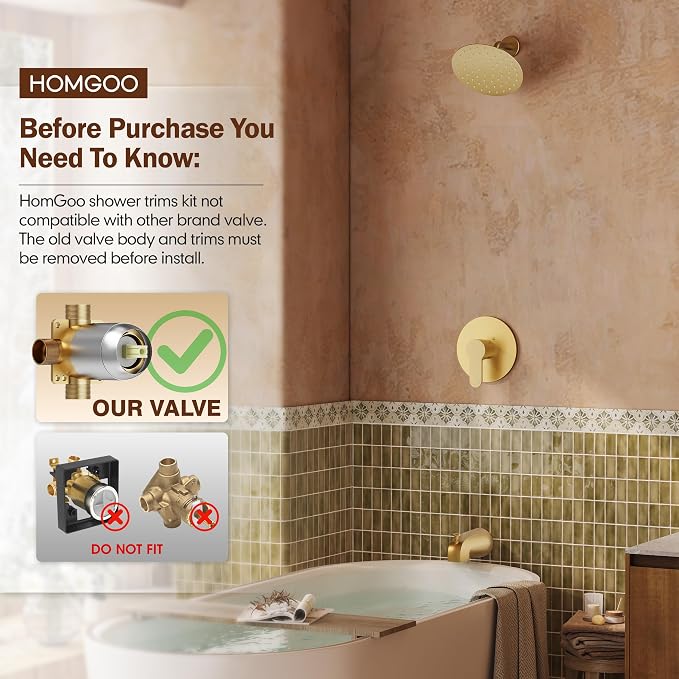 Tub Shower Faucet, Brushed Gold Shower Faucet Set with 6-Inch All-Metal Rainfall Showerhead and Bathtub Spout, Single-Handle Tub Shower-Trim Kit Included Valve, Brushed Gold - Image 2