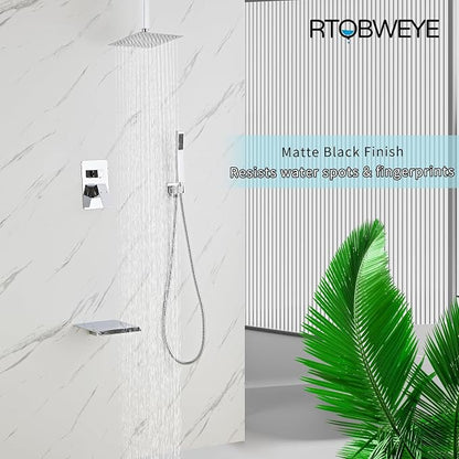 10 Inch Shower Faucet Set, Ceiling Mounted Rainfall Shower System with High Pressure Handheld Shower Head, Bathroom Mixer Rough-in Valve and Trim Shower Kit, Polished Chrome, with Tub Spout - Image 4