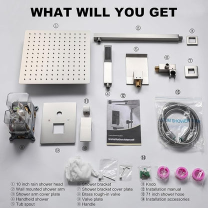 Shower System with Tub Spout, 10-Inch High-Pressure Rain Showerhead and Handheld Combo, Brushed Nickel Shower Faucet Set with Rough-in Valve and Trim Kit, Wall Mounted All-Metal Shower Set - Image 7