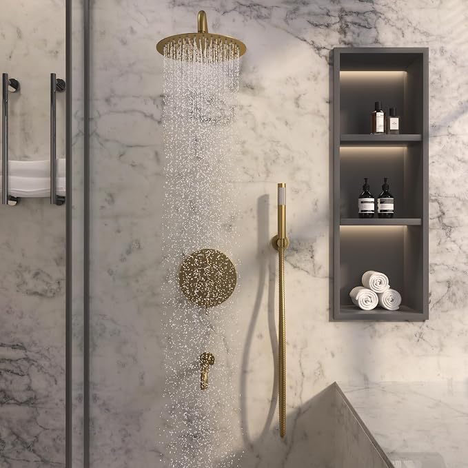 MONDAWE Round Shower Faucet Set with Tub Spout, Wall Mounted Shower System 10 Inch Rainfall Shower Head with Handheld Combo, Brushed Gold High Pressure Shower Faucets Sets Complete - Image 2