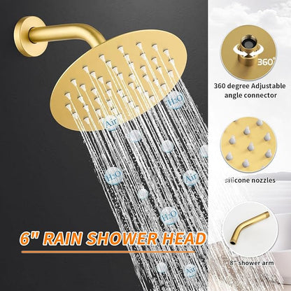 Brushed Gold Tub Shower Faucet Set Complete with 6-Inch Rainfall Shower Head and Tub Spout Included Shower Valve Tub Shower Trim Kit Round - Image 4