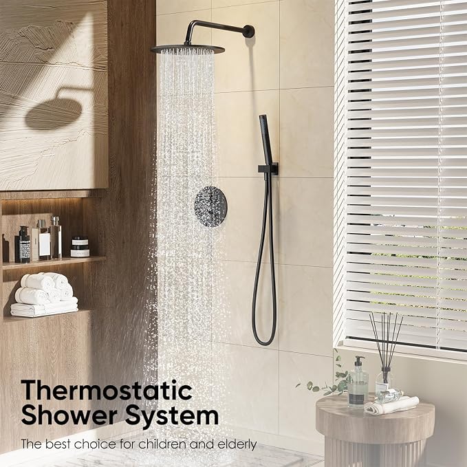 Gabrylly Thermostatic Shower Faucet Set, All Metal Shower System with Anti Scald Shower Valve, High Pressure 10" Rain Shower head with Handheld Spray Combo, Matte Black - Image 2