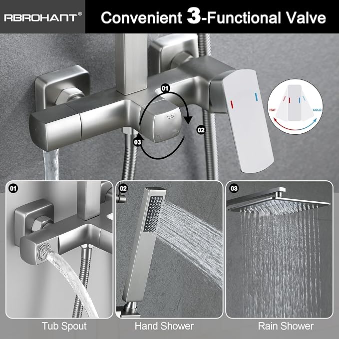 RBROHANT Brushed Nickel Exposed Shower System with Tub Spout, Exposed Shower Fixtures for Bathroom with Brass 3-Functional Valve, Shower Height Adjustable, Wall Mounted - Image 4