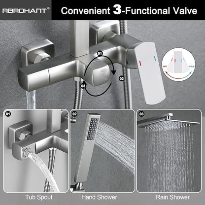 RBROHANT Brushed Nickel Exposed Shower System with Tub Spout, Exposed Shower Fixtures for Bathroom with Brass 3-Functional Valve, Shower Height Adjustable, Wall Mounted - Image 4