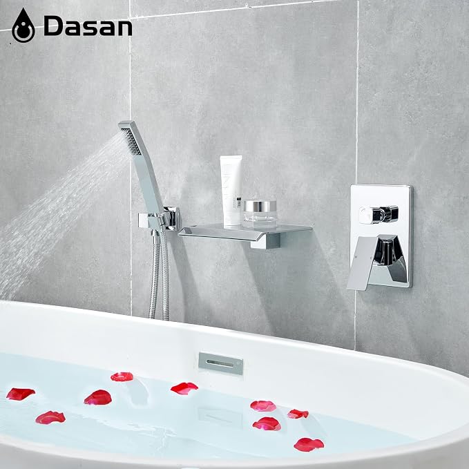 Upgraded Wall Mount Tub Filler Faucet with Handheld Shower, DASAN Modern Wall Mounted Bathtub Faucet Chrome High Flow Waterfall Tub Faucet with Rough in Valve, SA-TF04WH-PC - Image 6
