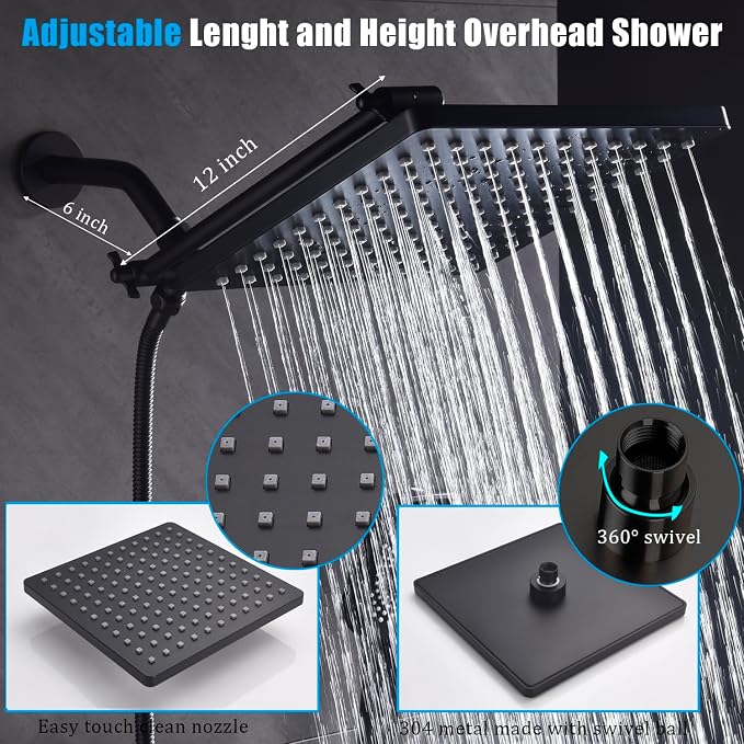Shower Faucet Set with Tub Spout Matte Black 10 Inch Rainfall Shower with 4 Setting Spray Mixer Shower System Modern Luxury Wall Mounted Tub Shower Faucet Set Rough-in Valve Body (Matte Black) - Image 4
