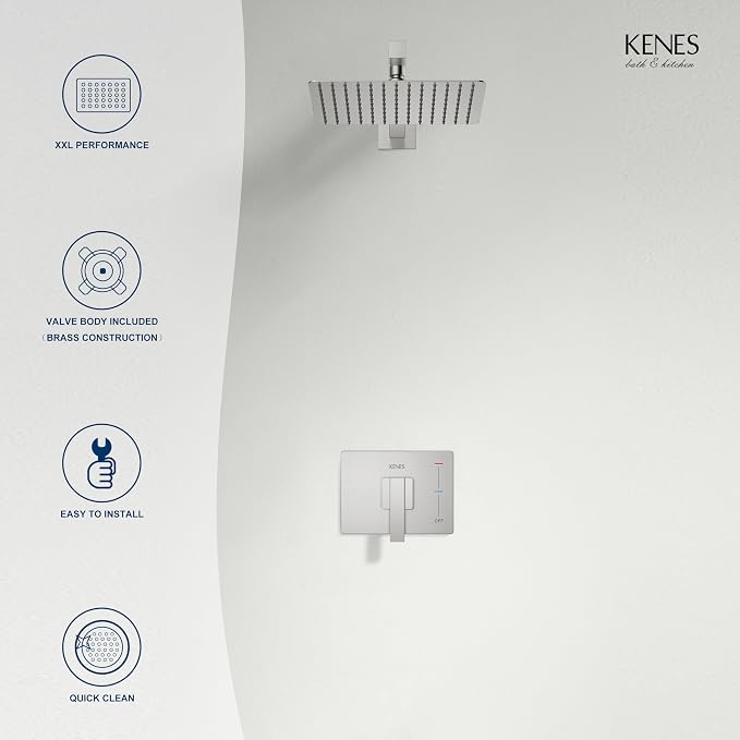 KENES Brushed Nickel 10-Inch Shower Head and Handle Set, Square Shower Faucet Set Bathroom Rainfall Shower System Wall Mount, KE-6024B (Shower Valve Included) - Image 9
