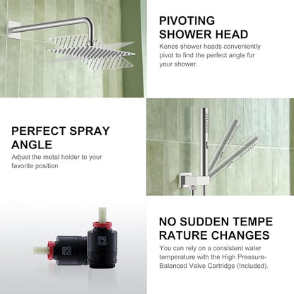 KENES Square Rainfall Shower System Faucet Set, Brushed Nickel Rain Shower Head and Handle Set, 10 Inch Stainless Shower Head with Handheld Spray (Shower Valve Included), LJ-6026A - Image 8