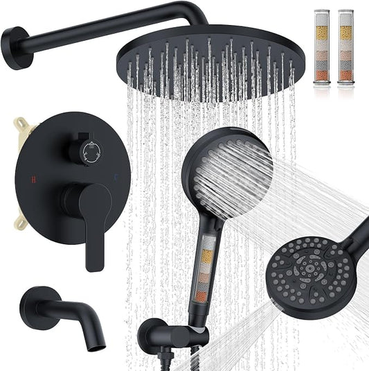 Iriber Mattle Black Bathtub Shower Faucet Set，Bathroom Shower System with Tub Spout ，Filtered Shower Head with Handheld, 9 Spray Mode Showerhead,Shower Valve Trim Kit Contain Cartridge,10 Inch by Iriber