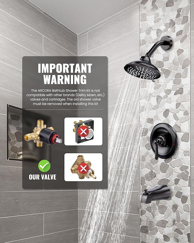 Shower Tub Faucet Set Bronze: ARCORA Bathtub Faucet Set with 6-Inch Rain Showerhead and Tub Spout, Oil Rubbed Bronze Bathtub and Shower Trim Kit (Valve Included) - Image 6