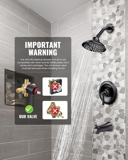 Shower Tub Faucet Set Bronze: ARCORA Bathtub Faucet Set with 6-Inch Rain Showerhead and Tub Spout, Oil Rubbed Bronze Bathtub and Shower Trim Kit (Valve Included) - Image 6