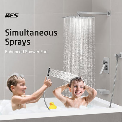KES Shower Faucet Set 12 Inch Rain Shower Head 3-Function Shower System with Tub Spout Rainfall Shower Head with Handheld Shower, Pressure Balance Valve Brushed Nickel, XB6305F18S12-BN - Image 4