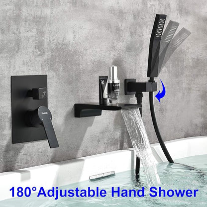 SHAMANDA Waterfall Wall Mounted Bathtub Faucet with Hand Shower, Bathroom Single Handle Tub Faucet Modern Brass Tub Shower Faucet Set(Including Rough-In Valve Body and Trim), Matte Black, L901-7 - Image 3