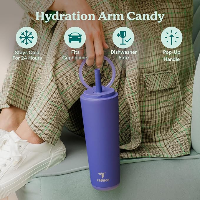 REDUCE Halo 24 oz Stainless Steel Vacuum Insulated Tumbler - Spill Proof Travel Mug with Flip Handle Lid - Keeps Drinks Cold for 32 Hrs - Dishwasher Safe - Cupholder Friendly - Matcha - Image 3