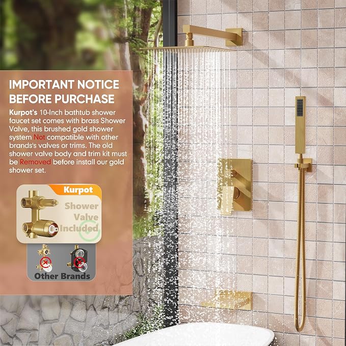 Kurpot Brushed Gold Shower System, All Metal Gold Shower Faucet Set with Tub Spout, 10'' Gold Shower Head with Handheld, 59'' Shower Hose, Shower Valve and Diverter, Wall Mounted Bath Tub Faucet Set - Image 3